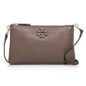 SOLD on Ⓜ️ Tory Burch McGraw Top-Zip Wallet Clutch Crossbody Silver Maple EUC
